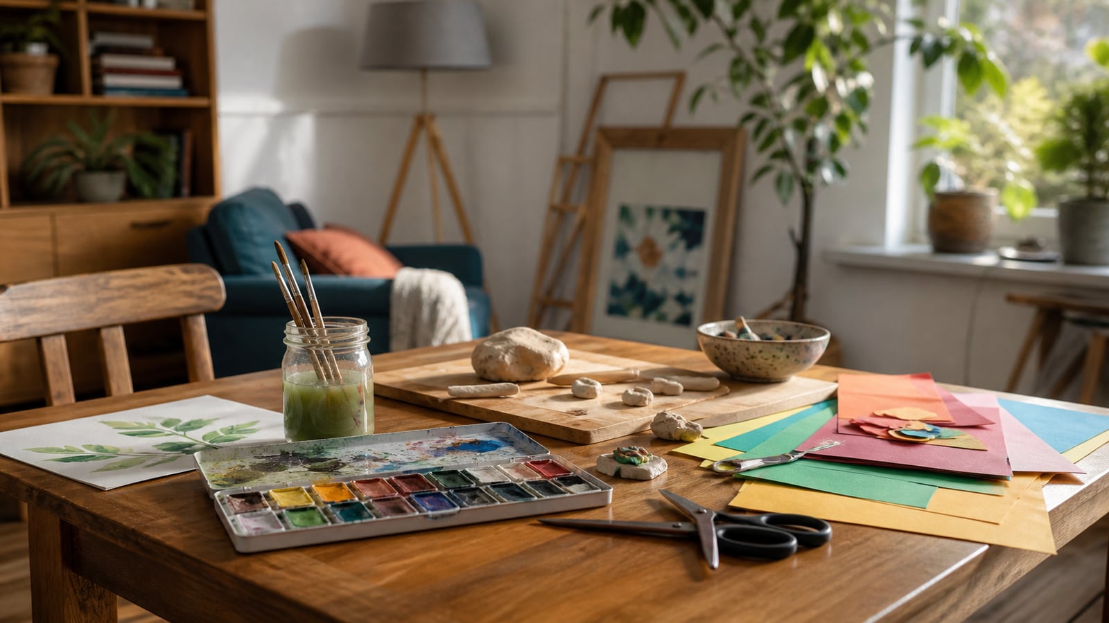 Tafel met verf, klei, gekleurd papier en schaar voor een creatieve middag