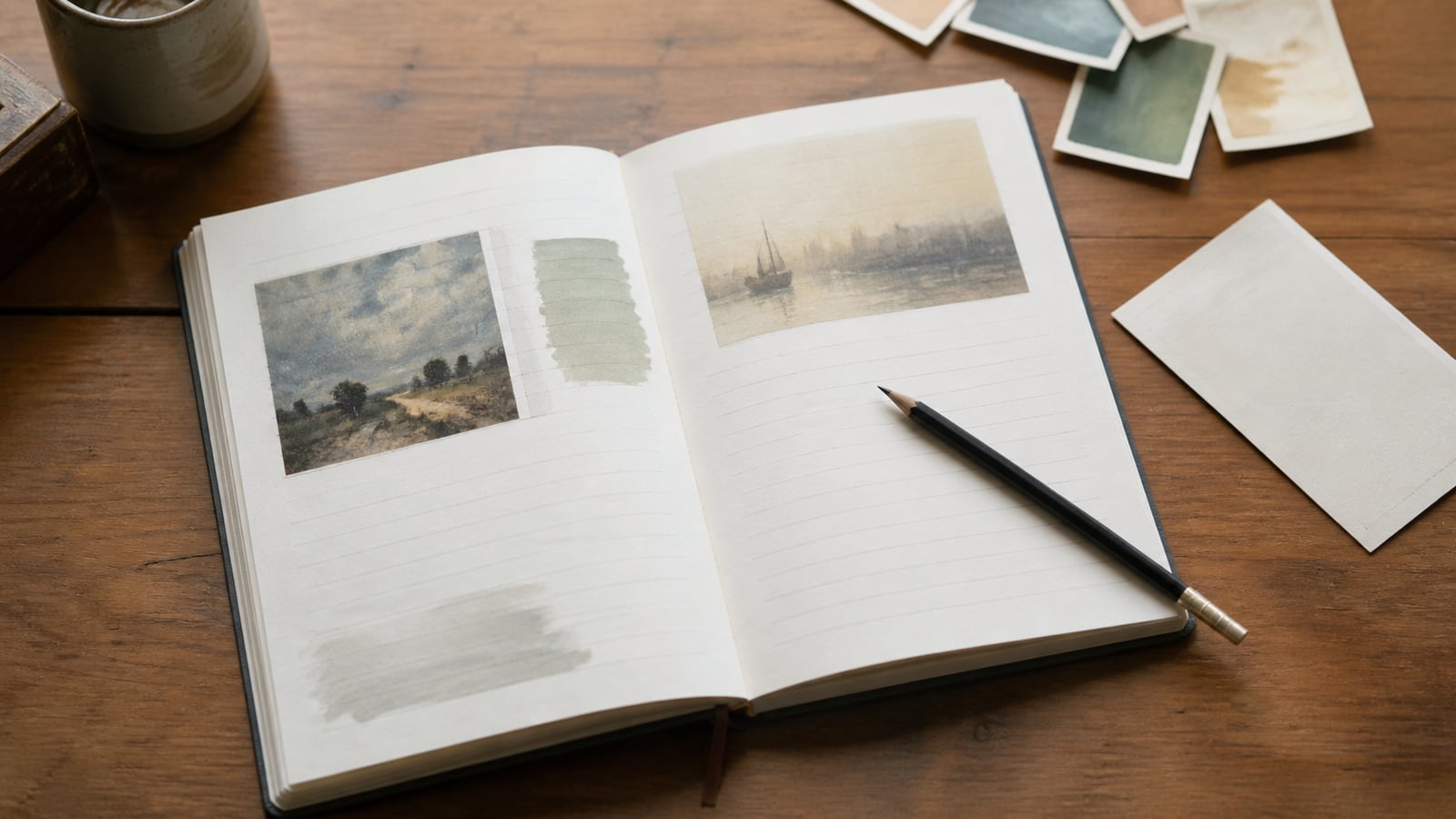 Open kijkdagboek met kleurstalen, potlood en museumticket op een houten tafel