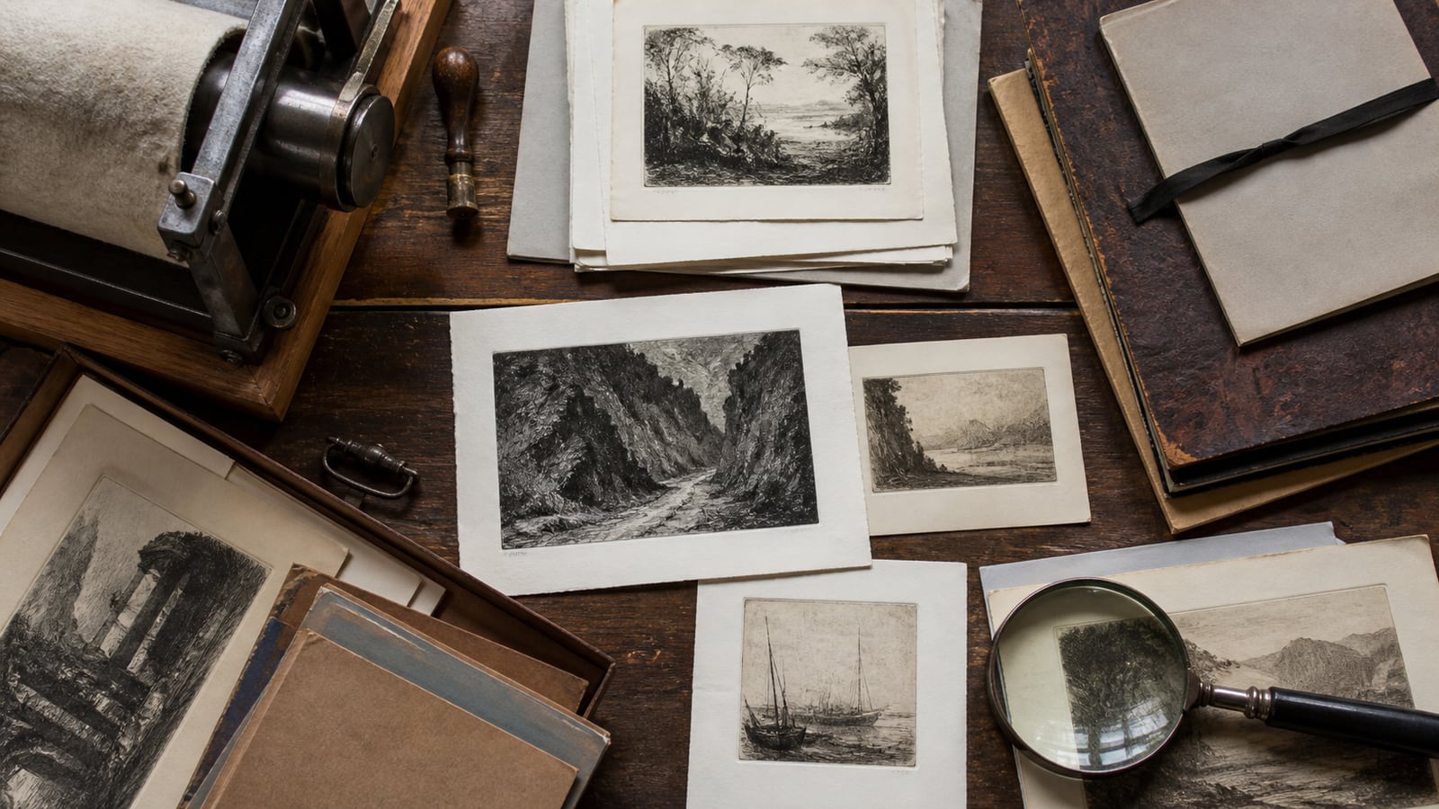 Collectie kunstprints met etsateliermaterialen, mappen en vergrootglas