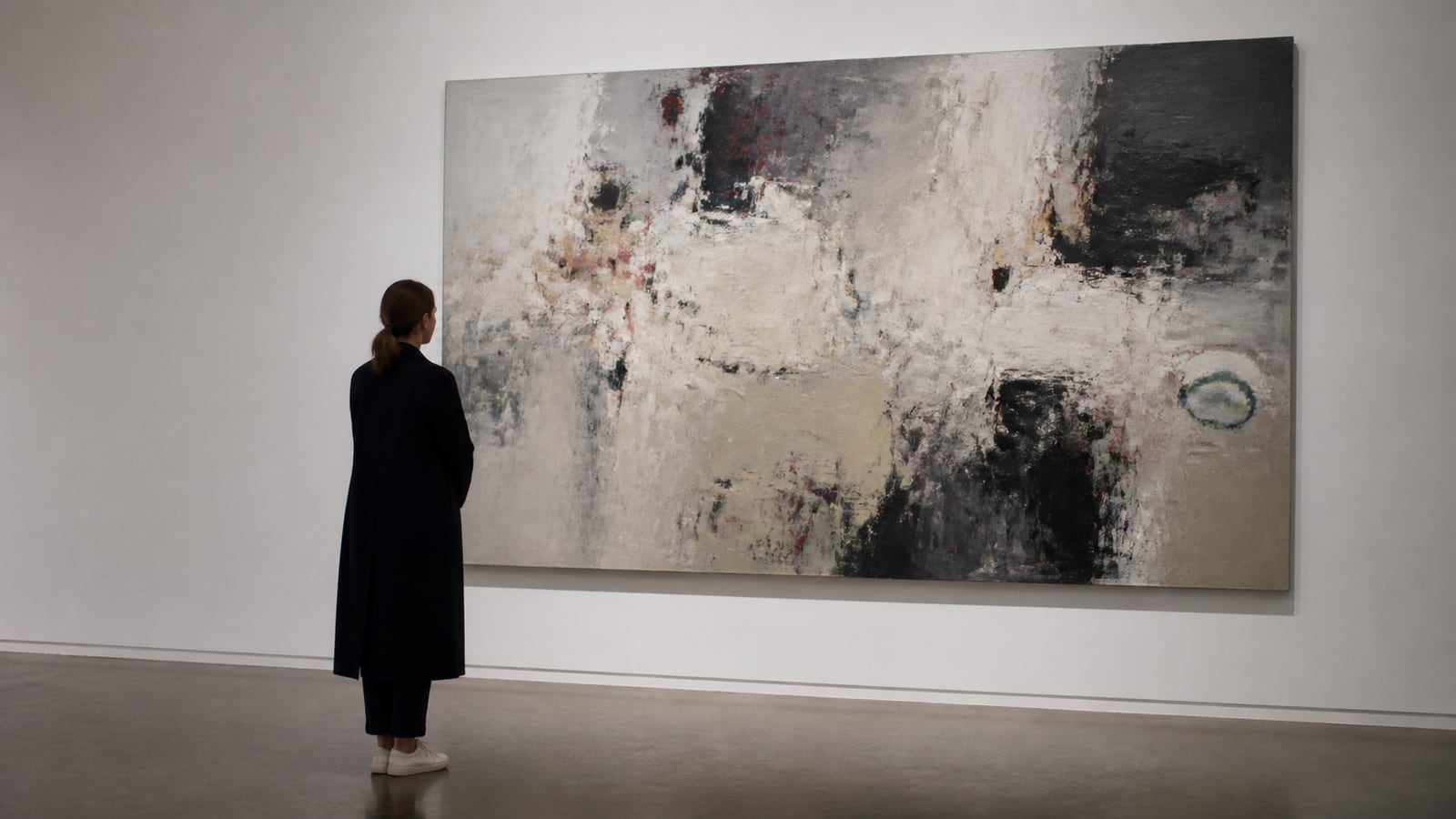 Bezoeker kijkt aandachtig naar een expressief abstract schilderij in een galerie