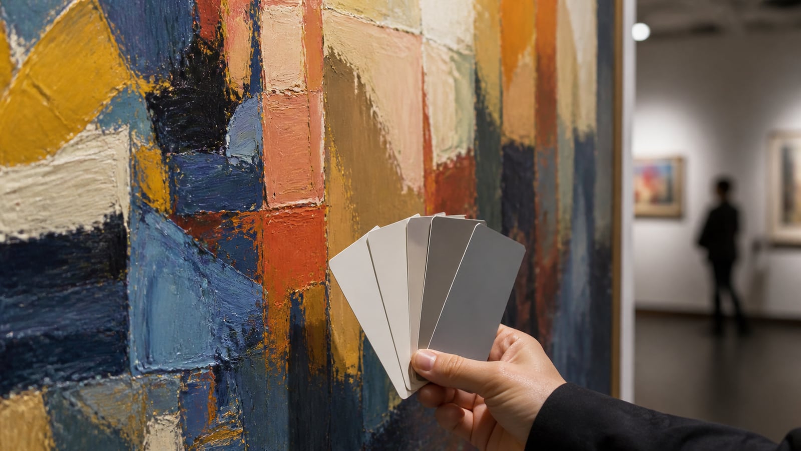 Hand met kleurwaaier bij een kleurrijk abstract olieverfschilderij