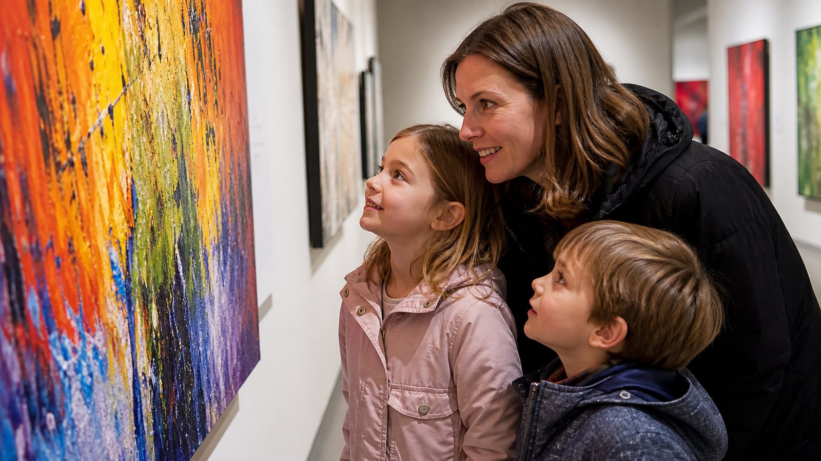Volwassene en twee kinderen bekijken samen een kleurrijk kunstwerk in een museum