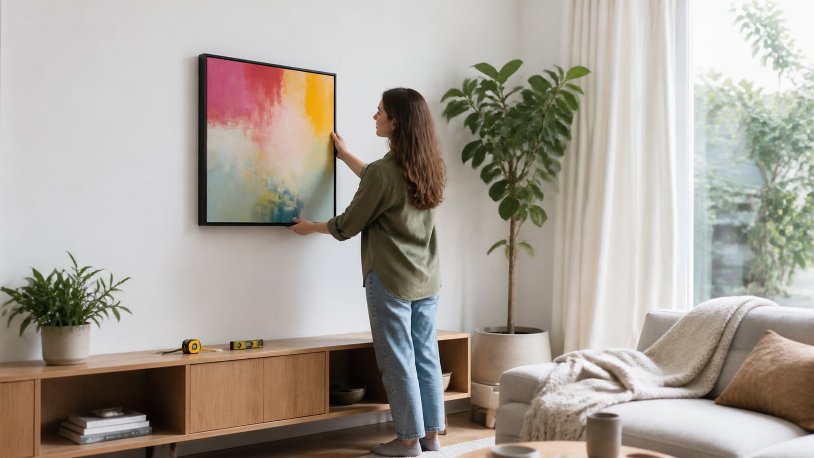 Persoon houdt een kleurrijk kunstwerk tegen de muur met waterpas en meetlint