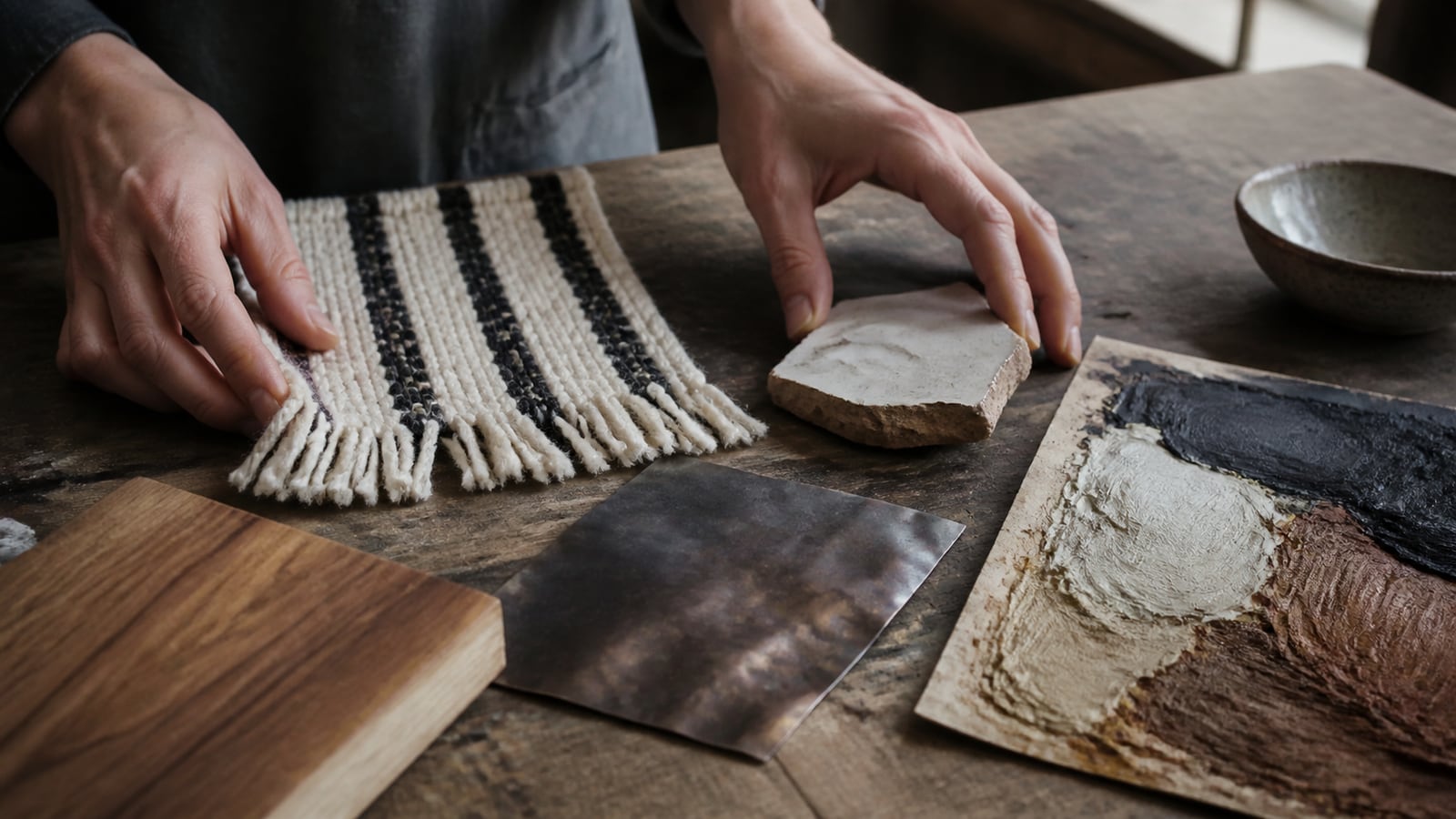 Handen onderzoeken hout, textiel, keramiek, metaal en verf in een atelier