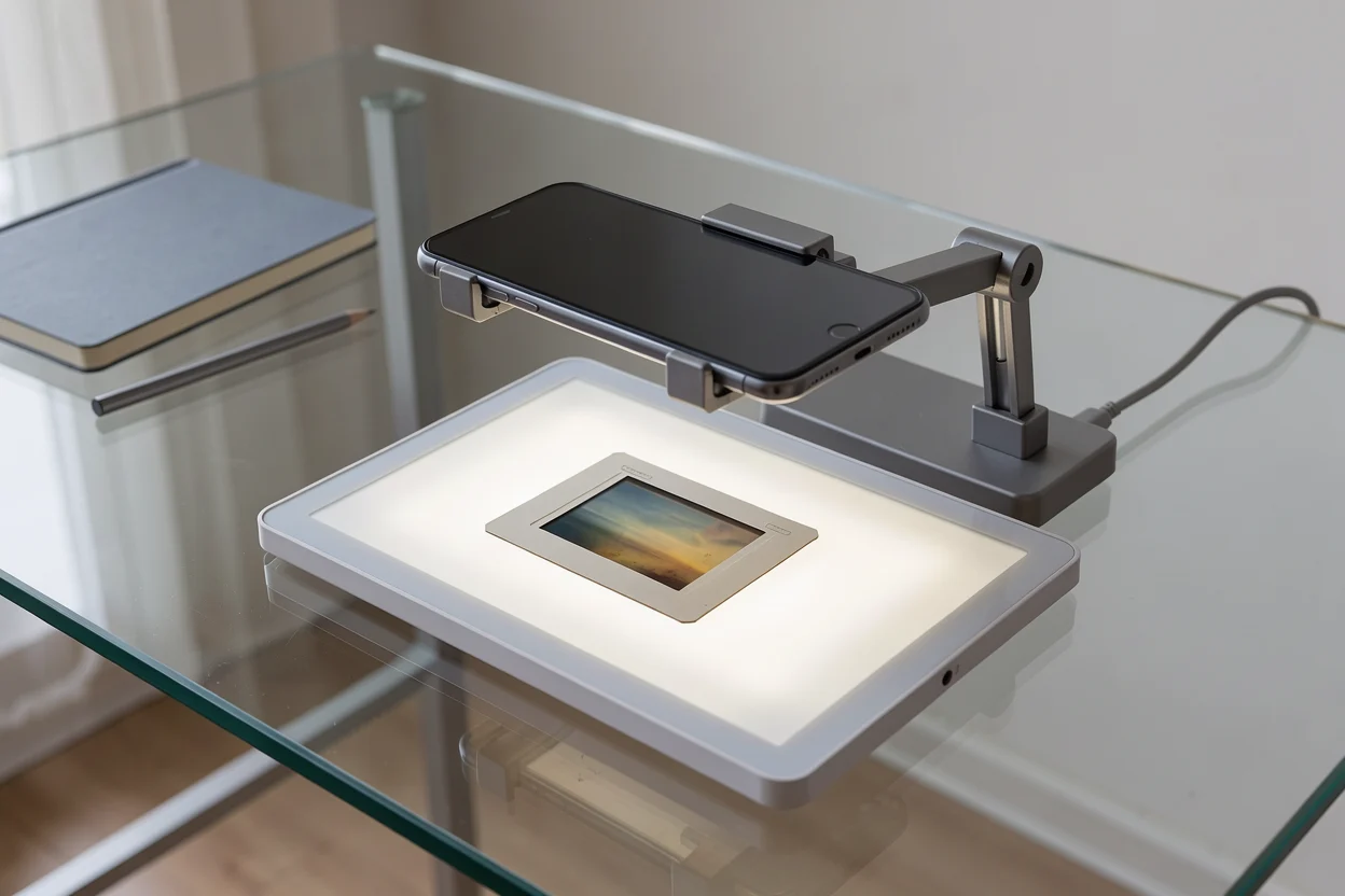 een smartphone op een klein stabiel tafelstatief naast een ingeraamde dia en een lichtpaneel